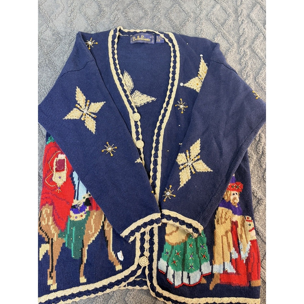 VINTAGE Belle Point Three Kings Christmas Holiday Cardigan Sweater M Beaded